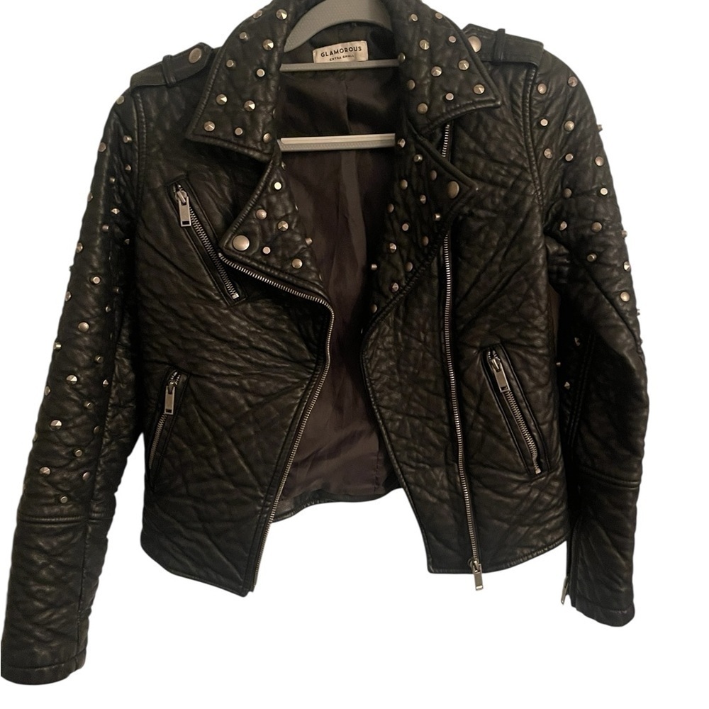 Glamorous Studded Faux Leather Moto Jacket XS Black Biker Punk Rocker Y2K - Picture 11 of 12